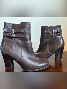 Marc Fisher Women’s Dark Brown Leather Ankle Boots with Buckle Detail
